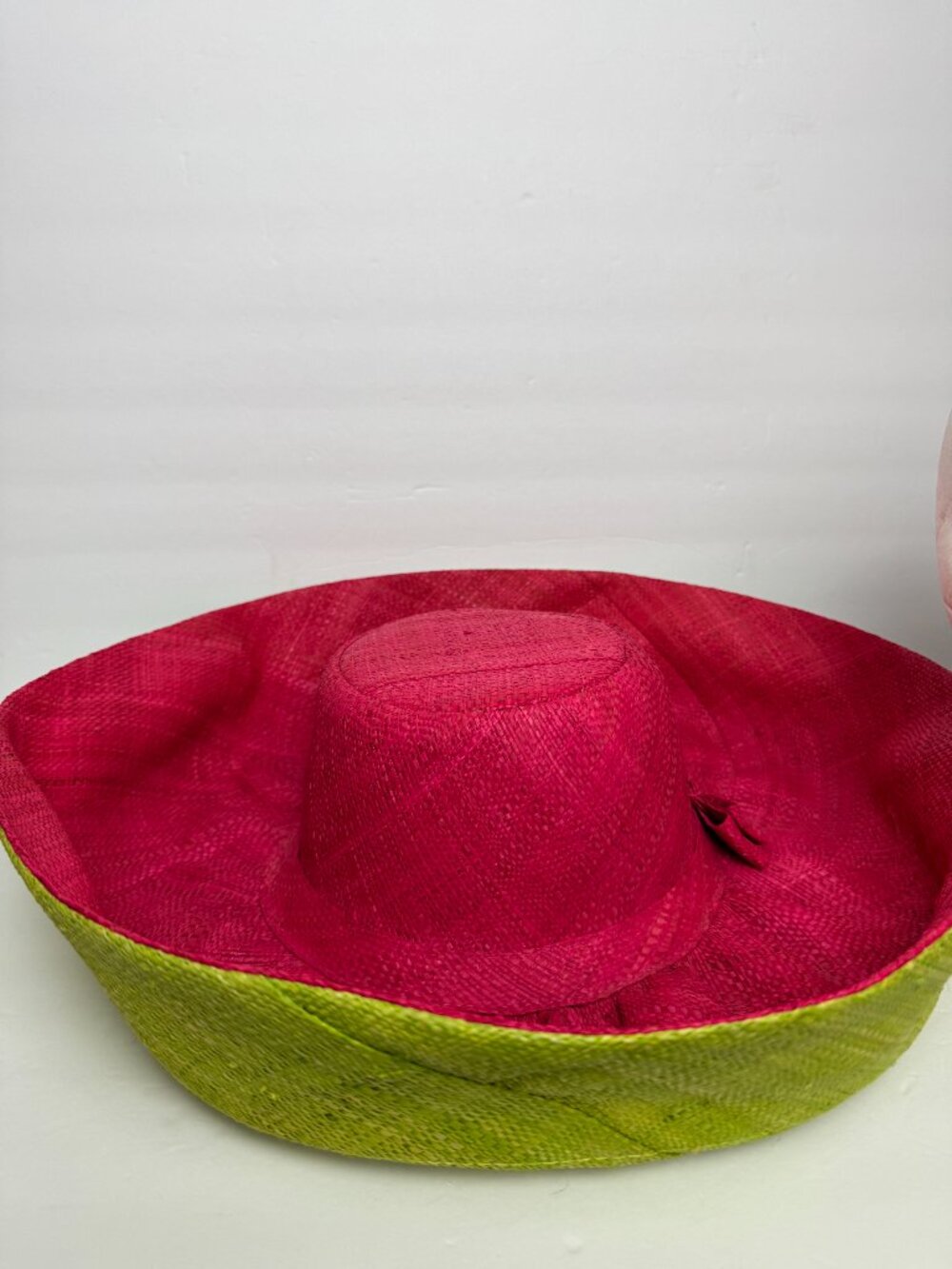 Hand Woven Madagascar Big Brim RAFFIA Sun Hat Pink & Neon Green Sz XL 23.5" - Picture 12 of 12